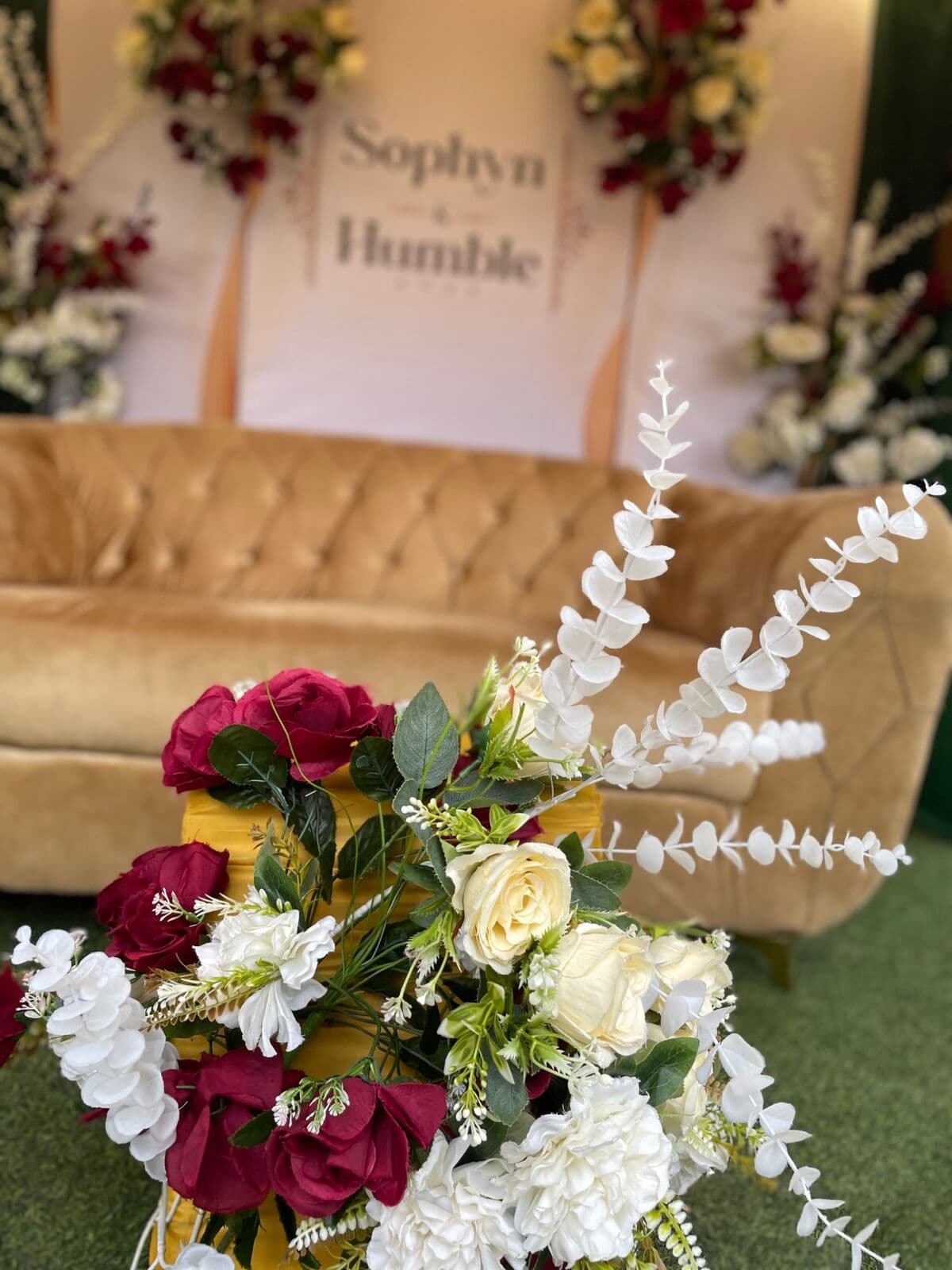 White and burgundy floral arrangement